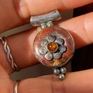 Vintage handmade red agate 925 sterling silver carnelian flower beaded pendant